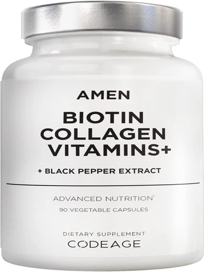 Amen Biotin Collagen Vitamins+ 10,000 mcg Biotin Supplement - Hydrolyzed Collagen, Vitamins C & E, Folate, Hyaluronic Acid, Keratin, MSM, Saw Palmetto - 3-Month Supply - Non-GMO - 90 Capsules Nirvana Guru