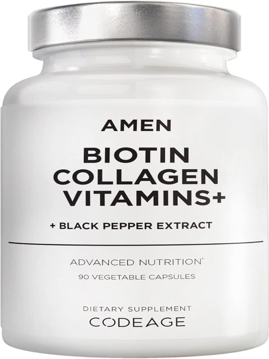 Amen Biotin Collagen Vitamins+ 10,000 mcg Biotin Supplement - Hydrolyzed Collagen, Vitamins C & E, Folate, Hyaluronic Acid, Keratin, MSM, Saw Palmetto - 3-Month Supply - Non-GMO - 90 Capsules Nirvana Guru