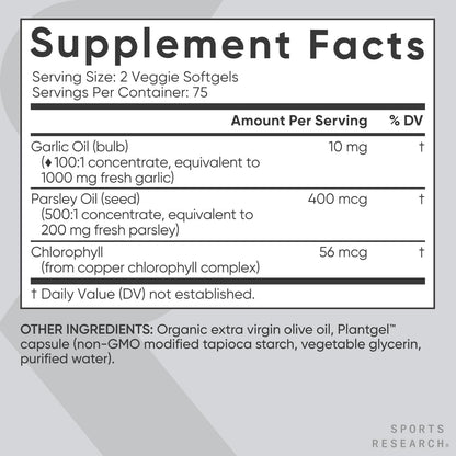 Sports Research Odorless Garlic Oil Pills (1000mg) with Parsley & Chlorophyll | Non-GMO Verified, Vegan Certified & Gluten Free (150 Plant Gels) - Nirvana Guru
