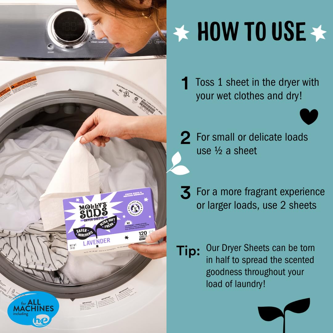 Molly's Suds Fabric Softener Dryer Sheets for Sensitive Skin | Plant-Based Static Reducer, Plastic-Free Packaging | Lavender (120 Sheets) Nirvana Guru