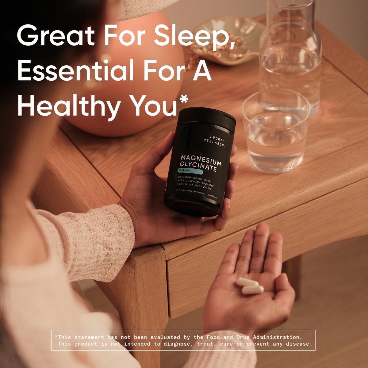 Sports Research® Magnesium Glycinate - Supports Restful Sleep & Enzymatic Processes - 160 mg Chelated Magnesium - Vegan Capsule - 90 Count - Nirvana Guru