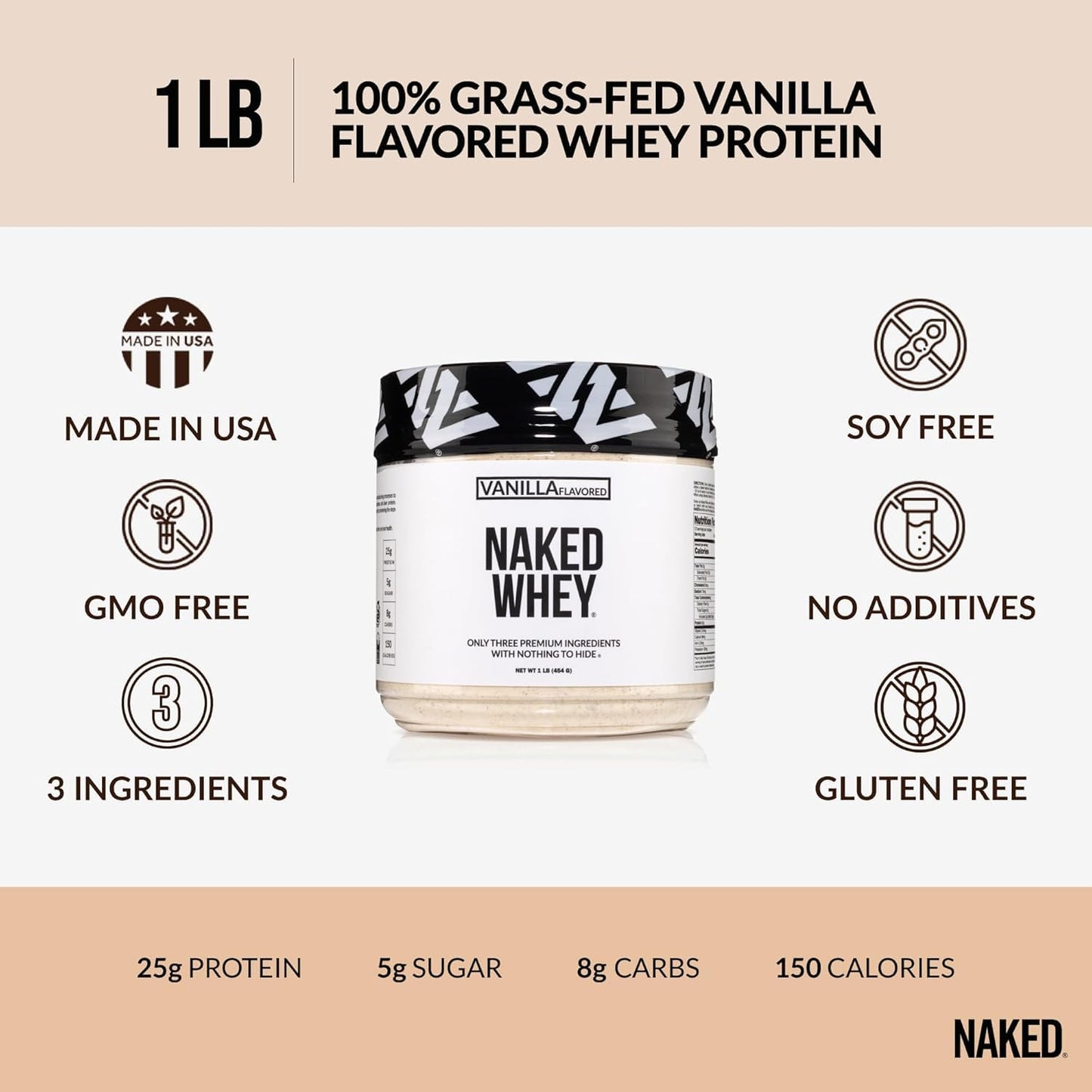 NAKED Whey Vanilla Protein Powder - Only 3 Ingredients - Grass Fed Whey Protein Powder, Vanilla Flavor, and Organic Coconut Sugar, No GMO, No Soy, and Gluten Free - 24 Servings