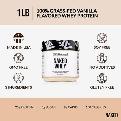 NAKED Whey Vanilla Protein Powder - Only 3 Ingredients - Grass Fed Whey Protein Powder, Vanilla Flavor, and Organic Coconut Sugar, No GMO, No Soy, and Gluten Free - 24 Servings