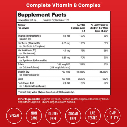 USDA Organic Vitamin B Complex Liquid Drops | B Vitamins Complex Supplement with B1, B2, B3, B6, B7, B9 & Methyl B12 Drops for Adults & Kids | Vegan Berry Flavor 2oz | 60 Servings / 2 Month Supply Nirvana Guru