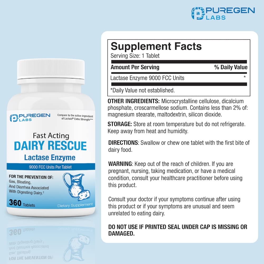 Puregen Labs Dairy Relief Fast Acting Lactase Enzyme 9000 FCC, Lactose Intolerance Pills 360 Tablets - Nirvana Guru
