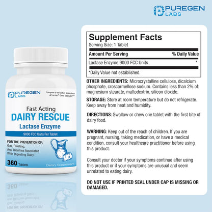 Puregen Labs Dairy Relief Fast Acting Lactase Enzyme 9000 FCC, Lactose Intolerance Pills 360 Tablets - Nirvana Guru