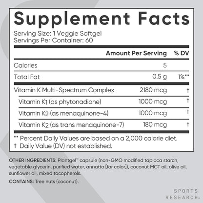 Sports Research Vitamin K2 as MK7 with Organic Coconut MCT Oil | Non-GMO Verified, Vegan Certified (60 Veggie-Softgels) - Nirvana Guru