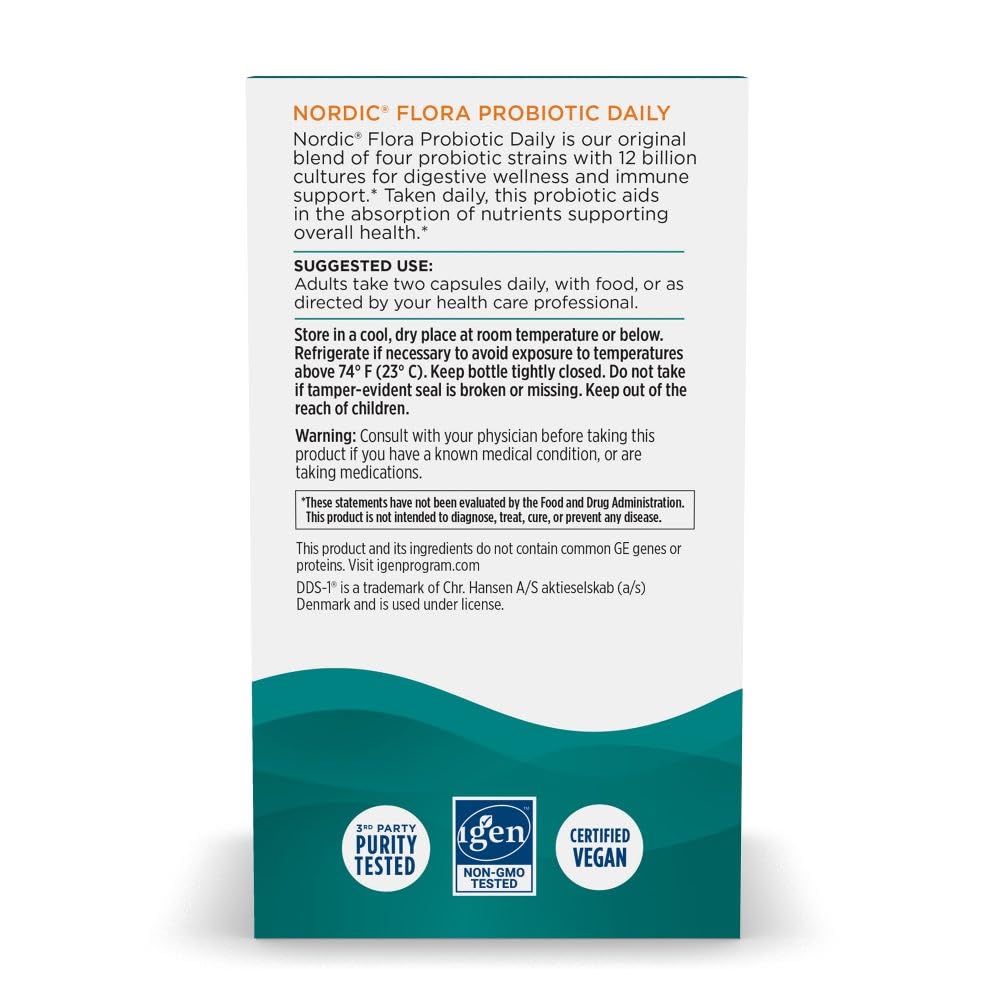 Nordic Naturals Nordic Flora Probiotic Daily - 60 Capsules - 4 Probiotic Strains with 12 Billion Cultures - Optimal Wellness, Immune Support, Digestive Health - Non-GMO, Vegan - 30 Servings - Nirvana Guru