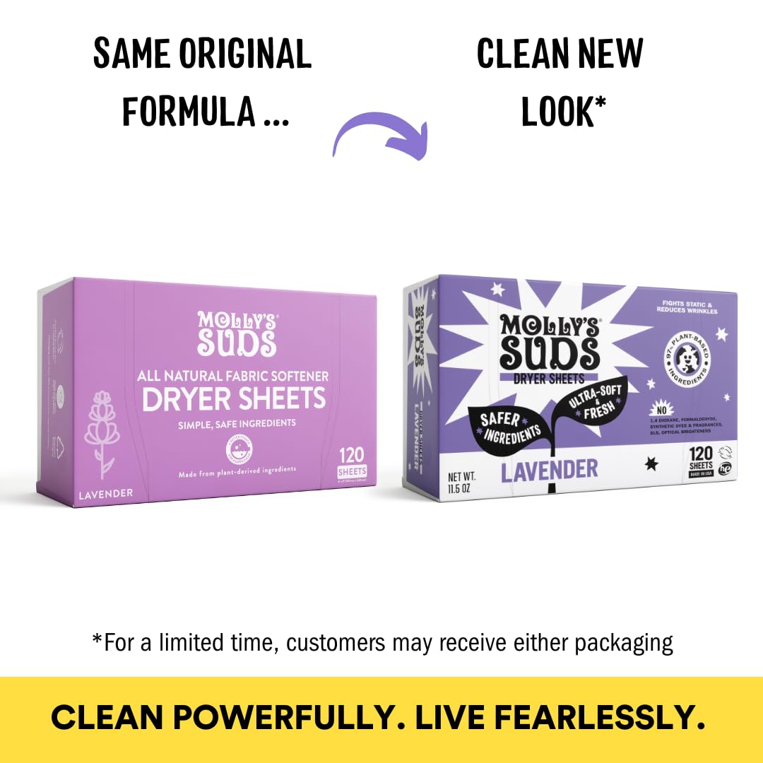Molly's Suds Fabric Softener Dryer Sheets for Sensitive Skin | Plant-Based Static Reducer, Plastic-Free Packaging | Lavender (120 Sheets) Nirvana Guru