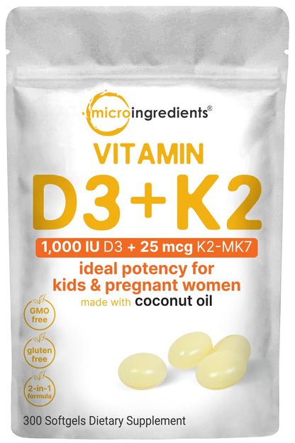 Micro Ingredients Vitamin D3 10,000 IU + K2 MK-7 200 mcg, 300 Softgels | Virgin Coconut Oil | 2-in-1 Bone, Immune & Heart Support | Easy to Swallow, Non-GMO