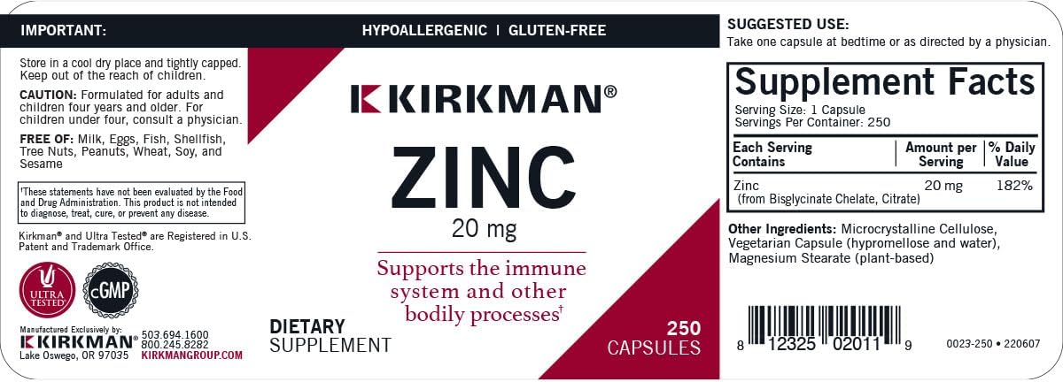 Kirkman - Zinc 20mg - 250 Capsules - Immune Support - High Absorption - Hypoallergenic - Nirvana Guru