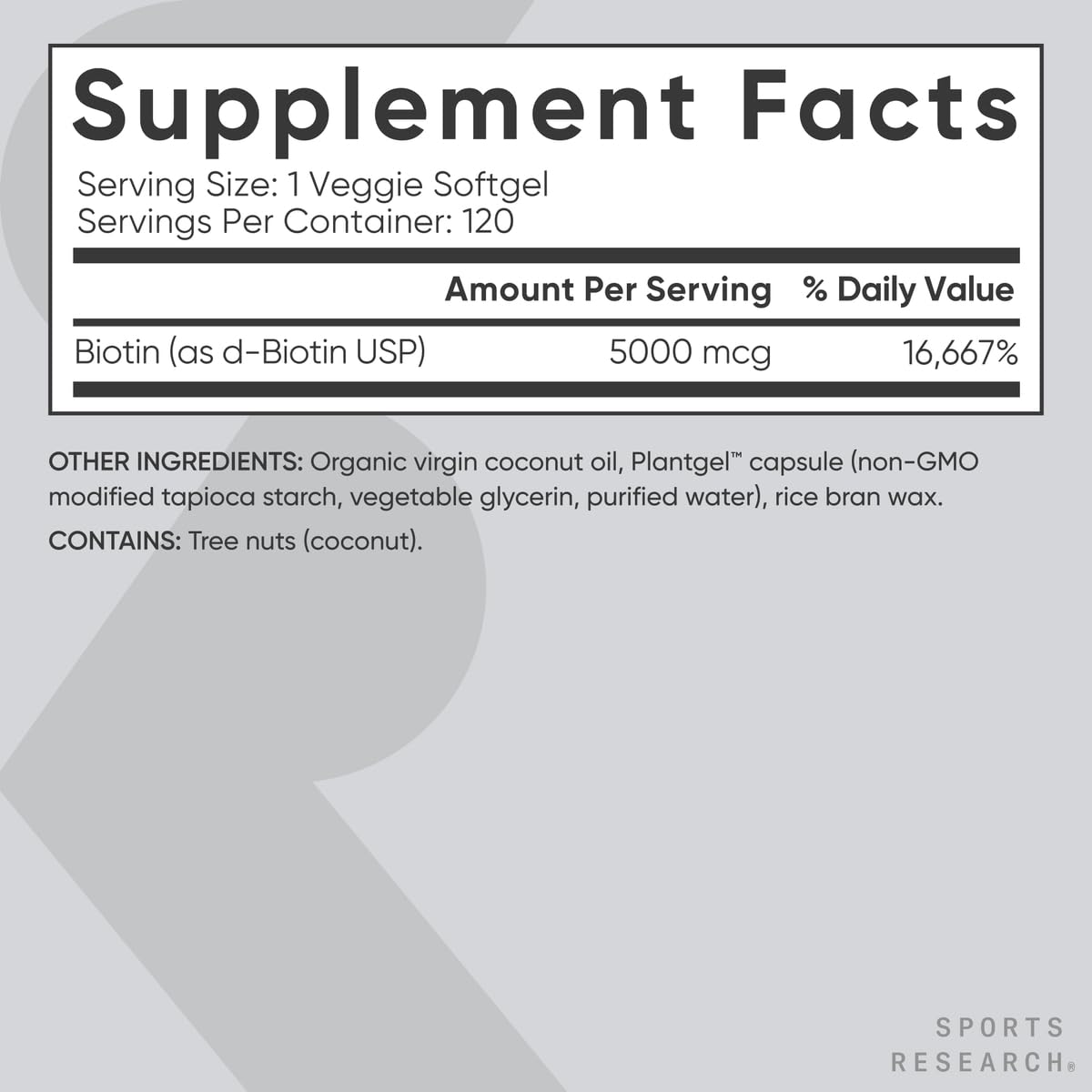 Sports Research Extra Strength Vegan Biotin (Vitamin B) Supplement with Organic Coconut Oil - Supports Keratin for Healthier Hair & Skin - Great for Women & Men - 5,000mcg, 120 Veggie Softgel Capsules - Nirvana Guru
