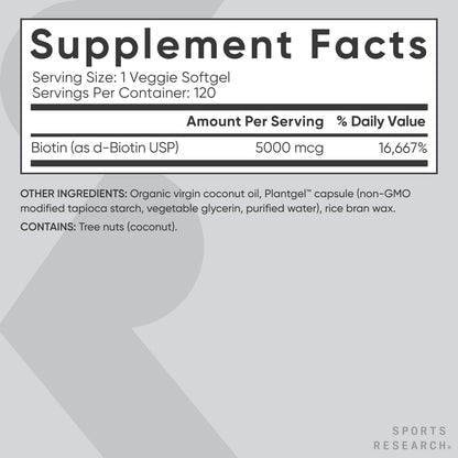 Sports Research Extra Strength Vegan Biotin (Vitamin B) Supplement with Organic Coconut Oil - Supports Keratin for Healthier Hair & Skin - Great for Women & Men - 5,000mcg, 120 Veggie Softgel Capsules - Nirvana Guru