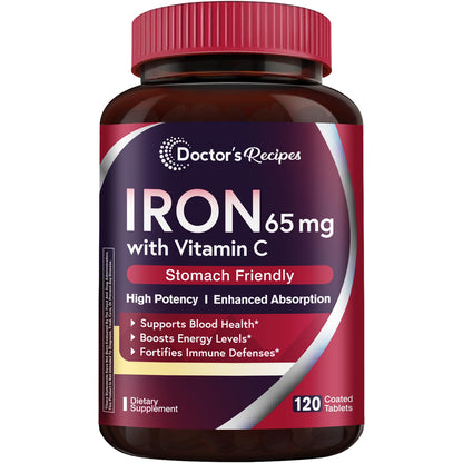 Doctor's Recipes Iron Supplement 65 mg with Vitamin C - Maximized Absorption, Stomach Friendly & High Potency Iron Pills for Red Blood Cells Formation & Immunity Health - Vegan Non-GMO 60 Iron Tablets Nirvana Guru