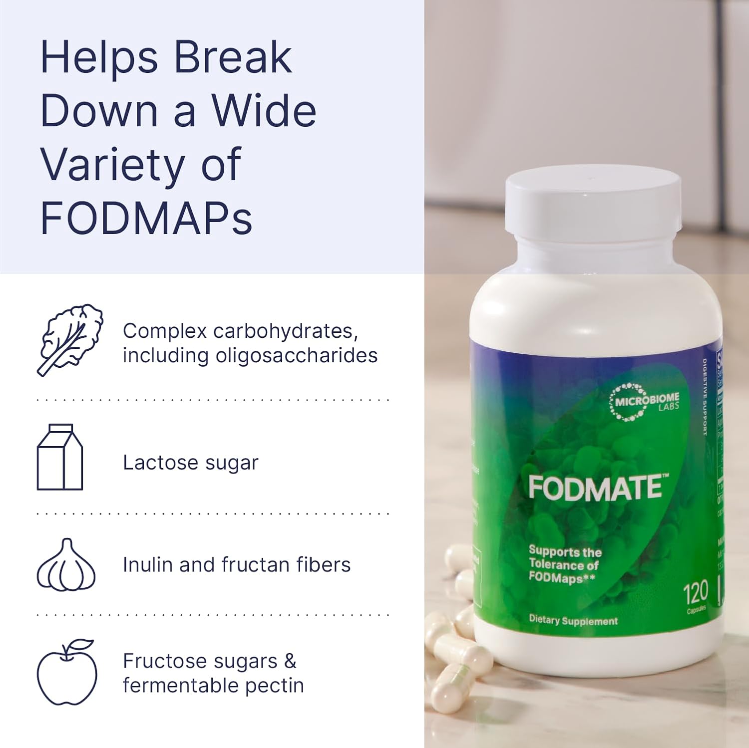 Microbiome Labs FODMATE Digestive Enzymes for Women & Men - Digestive Support for Low FODMAP Protocols & Occasional Bloating, Gas & Stomach Relief (120 Capsules) - Nirvana Guru