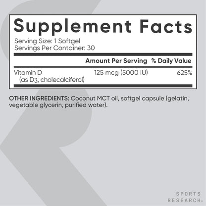 Sports Research Vitamin D3 5000iu (125mcg) with Coconut Oil ~ High Potency Vitamin D for Immune & Bone Support ~ Non-GMO Verified, Gluten & Soy Free (360 Mini-Liquid Softgels) - Nirvana Guru