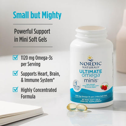 Nordic Naturals Ultimate Omega 2X Mini, Strawberry Flavor - 60 Mini Soft Gels - 1120 mg Omega-3 - High-Potency Omega-3 Fish Oil Supplement - EPA & DHA - Promotes Brain & Heart Health - 30 Servings - Nirvana Guru