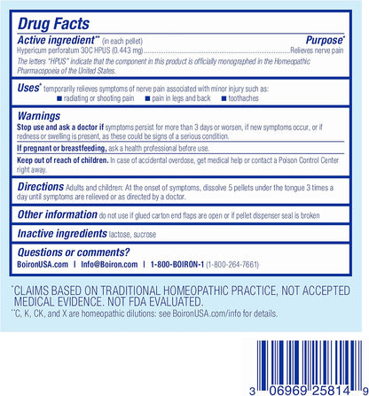 Boiron Hypericum Perforatum 30C Homeopathic Medicine for Relief from Nerve Pain, Toothaches, Pain in Legs or Back, and Shooting Pains - 3 Count (240 Pellets)