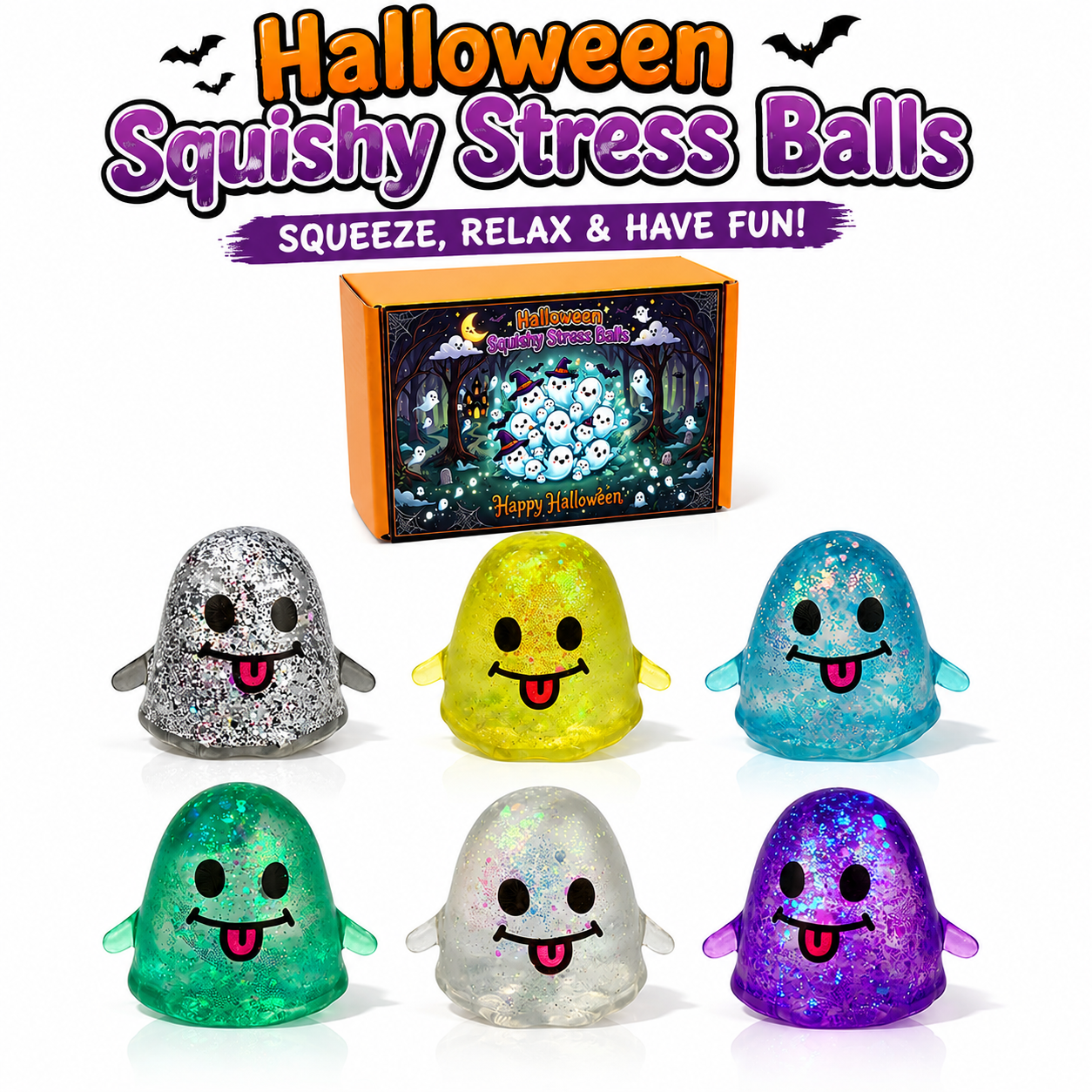 6 Pack Halloween Ghost Stress Balls Glitter Squishy Squeeze Toys for Kids Stress Relief Halloween Party Favors Halloween Treat Bags Gifts Nirvana Guru