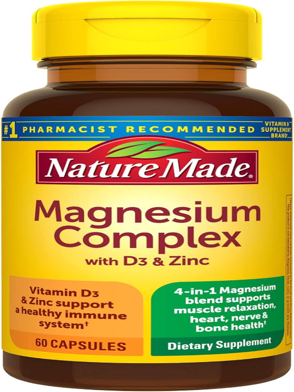 Nature Made Magnesium Complex with Vitamin D and Zinc Supplements, Magnesium Supplement for Muscle, Nerve, Heart & Bone Support with Vitamin D3 & Zinc for Immune Support, 60 Capsules, 30 Day Supply - Nirvana Guru