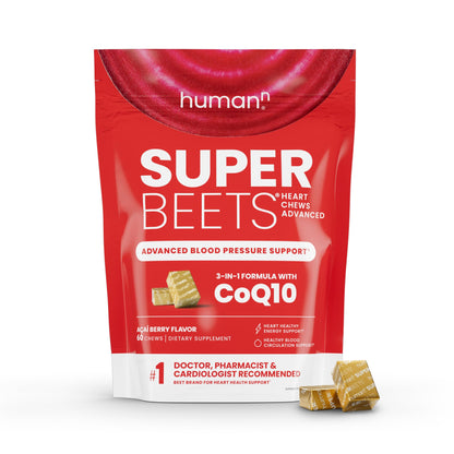 humanN SuperBeets Heart Chews Advanced - 3-in-1 Formula with Beetroot, Grape Seed Extract, & CoQ10, 60 Count - Nirvana Guru