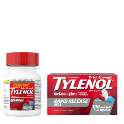 Tylenol Extra Strength Acetaminophen Rapid Release Gels, Extra Strength Pain Reliever & Fever Reducer, Gelcaps with Laser-Drilled Holes, 500 mg Acetaminophen, 100 ct