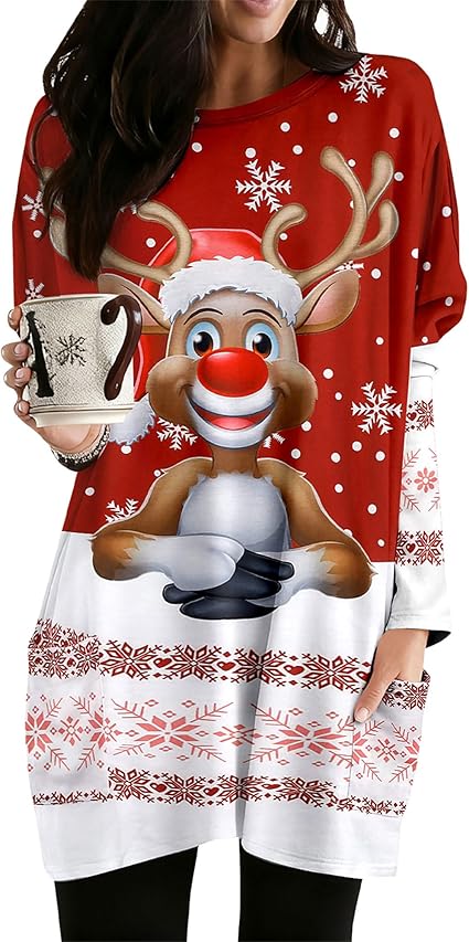 MOUSYA Women Dress Shirt Christmas Long Sleeve Tops Santa Printed Pullover Loose Plus Size T-Shirt Blouse with Pockets nirvanaguru