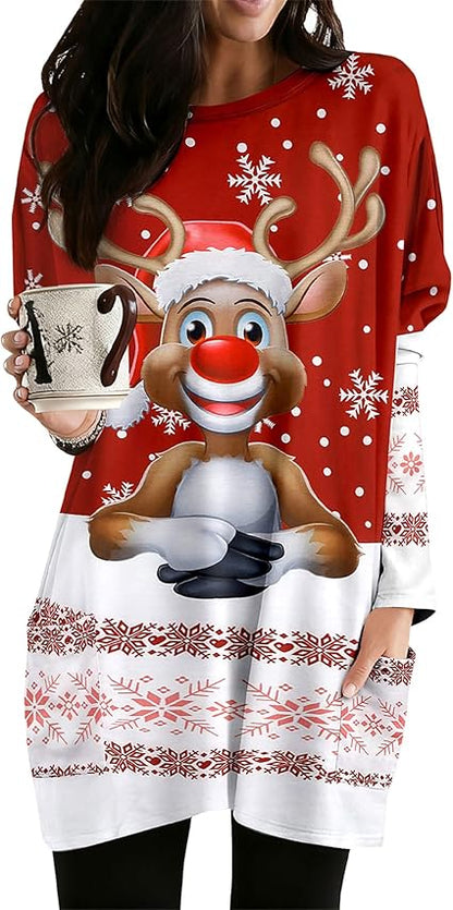 MOUSYA Women Dress Shirt Christmas Long Sleeve Tops Santa Printed Pullover Loose Plus Size T-Shirt Blouse with Pockets nirvanaguru