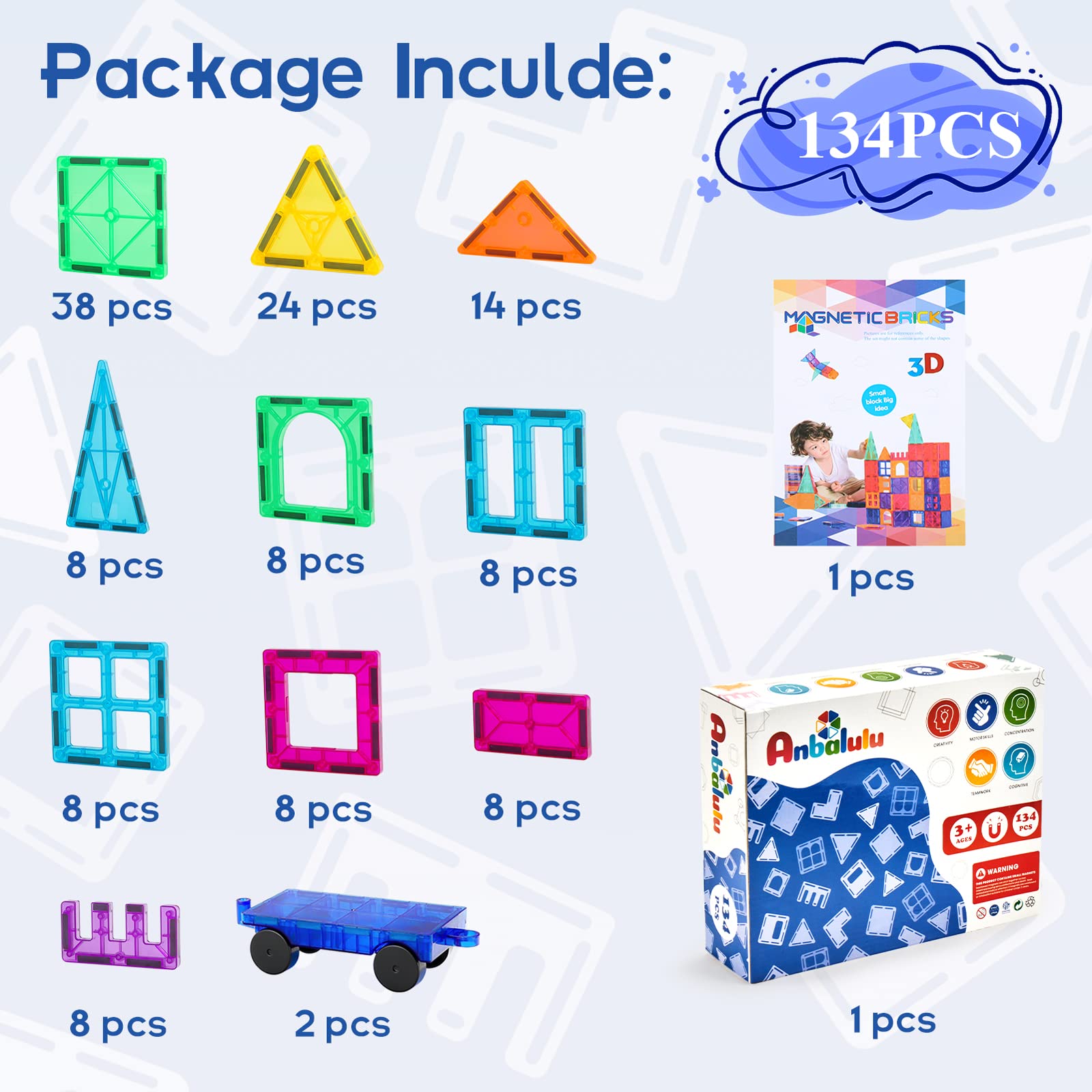 Magnetic Building Tiles, 134PCS Large Magnet Building Set,Magnetic Blocks, 3D STEM Stacking Toys, Magnets Toy for Kids Boys Girls Nirvana Guru