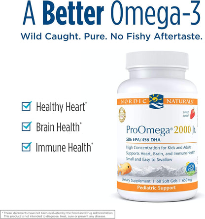 Nordic Naturals ProOmega 2000 Jr., Strawberry Flavor - 60 Soft Gels - 1120 mg Omega-3 - Ultra Potent Fish Oil - EPA & DHA - Promotes Brain, Heart, & Immune Health - Non-GMO - 30 Servings - Nirvana Guru