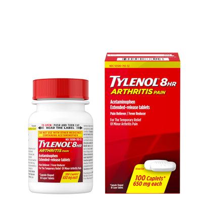 Tylenol 8HR Arthritis Pain Relief Caplets, 650 mg Acetaminophen for Minor Arthritis & Joint Pain, Fever Reducer, Extended Release, Gentle on Stomach, FSA or HSA Eligible, 100 ct