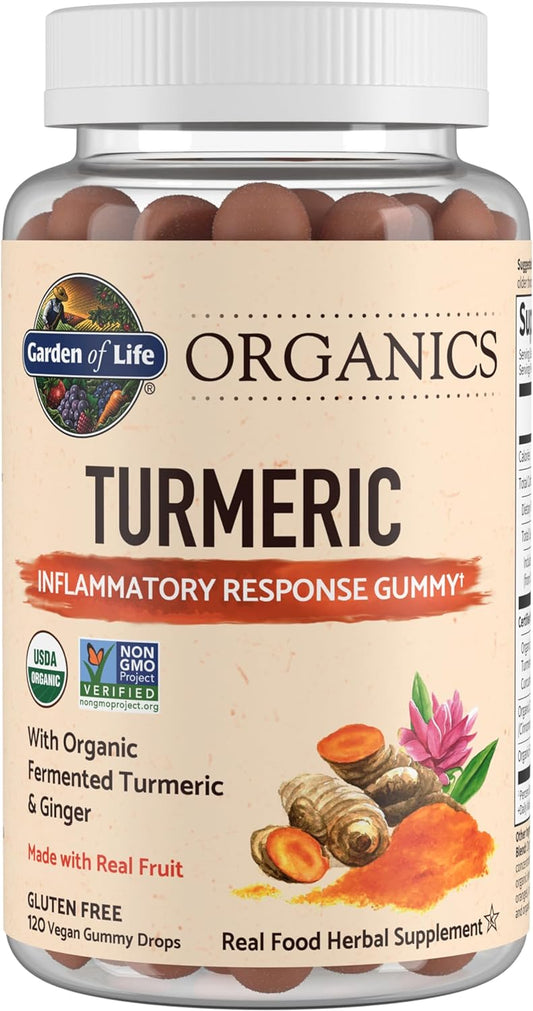 Garden of Life Organics Turmeric Inflammatory Response Gummy - 120 Real Fruit Gummies for Kids & Adults, 50Mg Curcumin (95% Curcuminoids), No Added Sugar, Organic, Non-GMO, Vegan & Gluten Free - Nirvana Guru