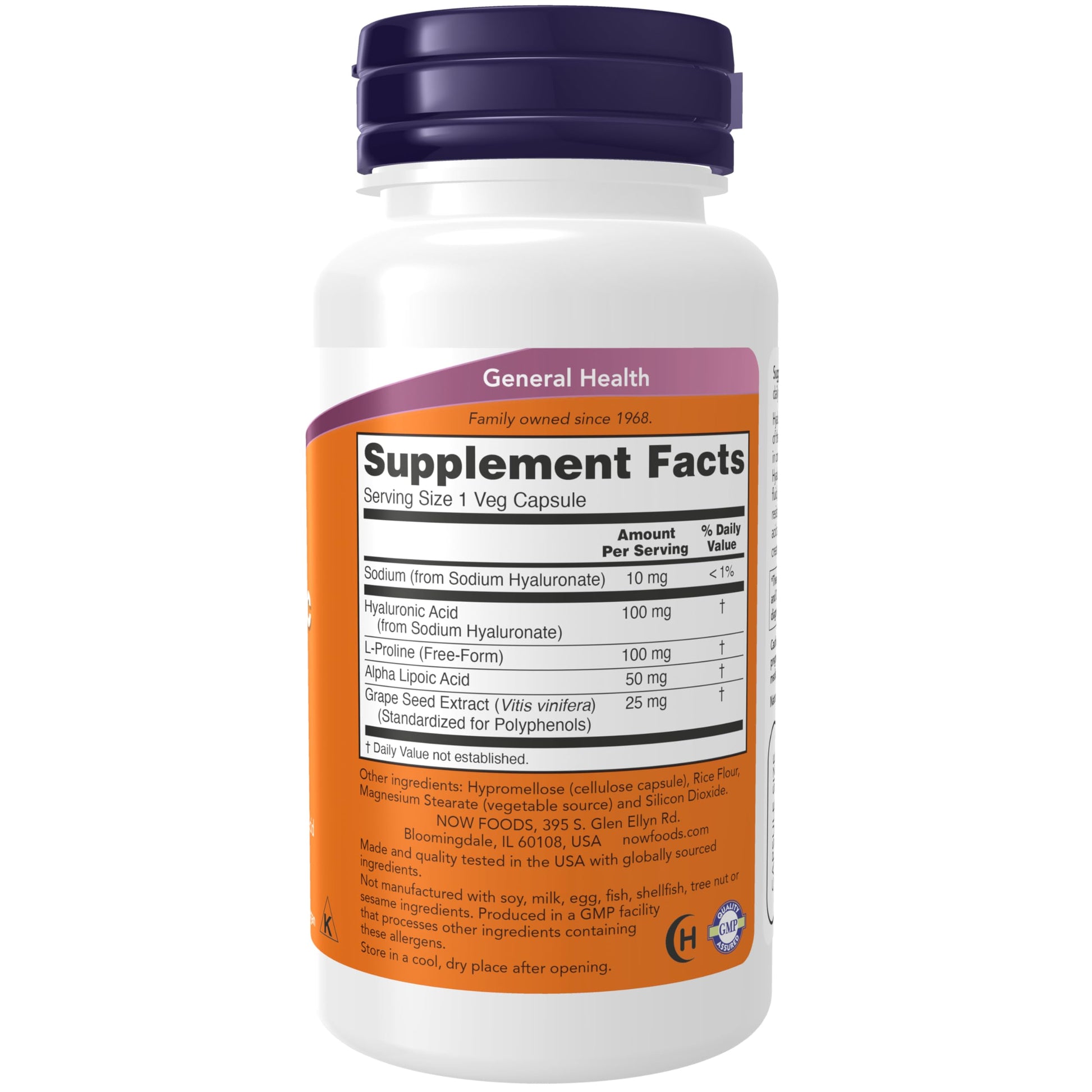 NOW Foods Supplements, Hyaluronic Acid 100 mg, Double Strength with L-Proline, Alpha Lipoic Acid and Grape Seed Extract, 120 Veg Capsules - Nirvana Guru