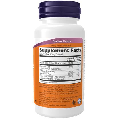 NOW Foods Supplements, Hyaluronic Acid 100 mg, Double Strength with L-Proline, Alpha Lipoic Acid and Grape Seed Extract, 120 Veg Capsules - Nirvana Guru