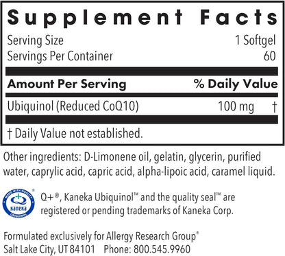 Allergy Research Group CoQH-CF Ubiquinol 100mg Supplement - Un-Oxidized CoQ10, Supports Cardiovascular Health, Immune System Support, Stable, Bioavailable, Softgels - 60 Count Nirvana Guru