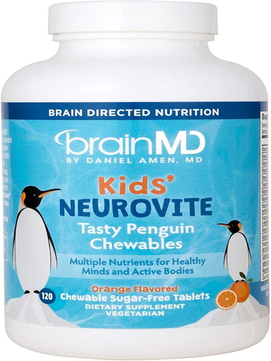 BRAINMD Dr Amen Kids’ NeuroVite, Orange Flavor - 120 Penguin-Shaped Chewables - Multivitamin & Mineral Supplement - Promotes Healthy Development & Growth - Gluten Free - 60 Servings Nirvana Guru