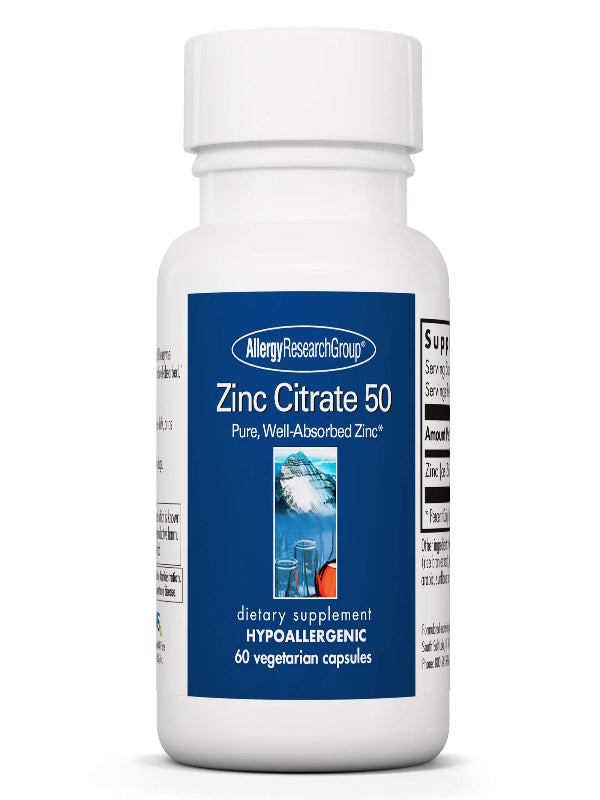 Allergy Research Group Zinc Citrate Supplement - Zinc for Men & Women, Immune Support, Pure, Well-Absorbed, Well-Tolerated, Trace Mineral, 50mg Vegetarian Capsules - 60 Count Nirvana Guru