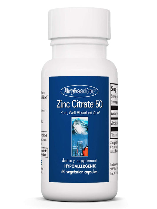 Allergy Research Group Zinc Citrate Supplement - Zinc for Men & Women, Immune Support, Pure, Well-Absorbed, Well-Tolerated, Trace Mineral, 50mg Vegetarian Capsules - 60 Count Nirvana Guru