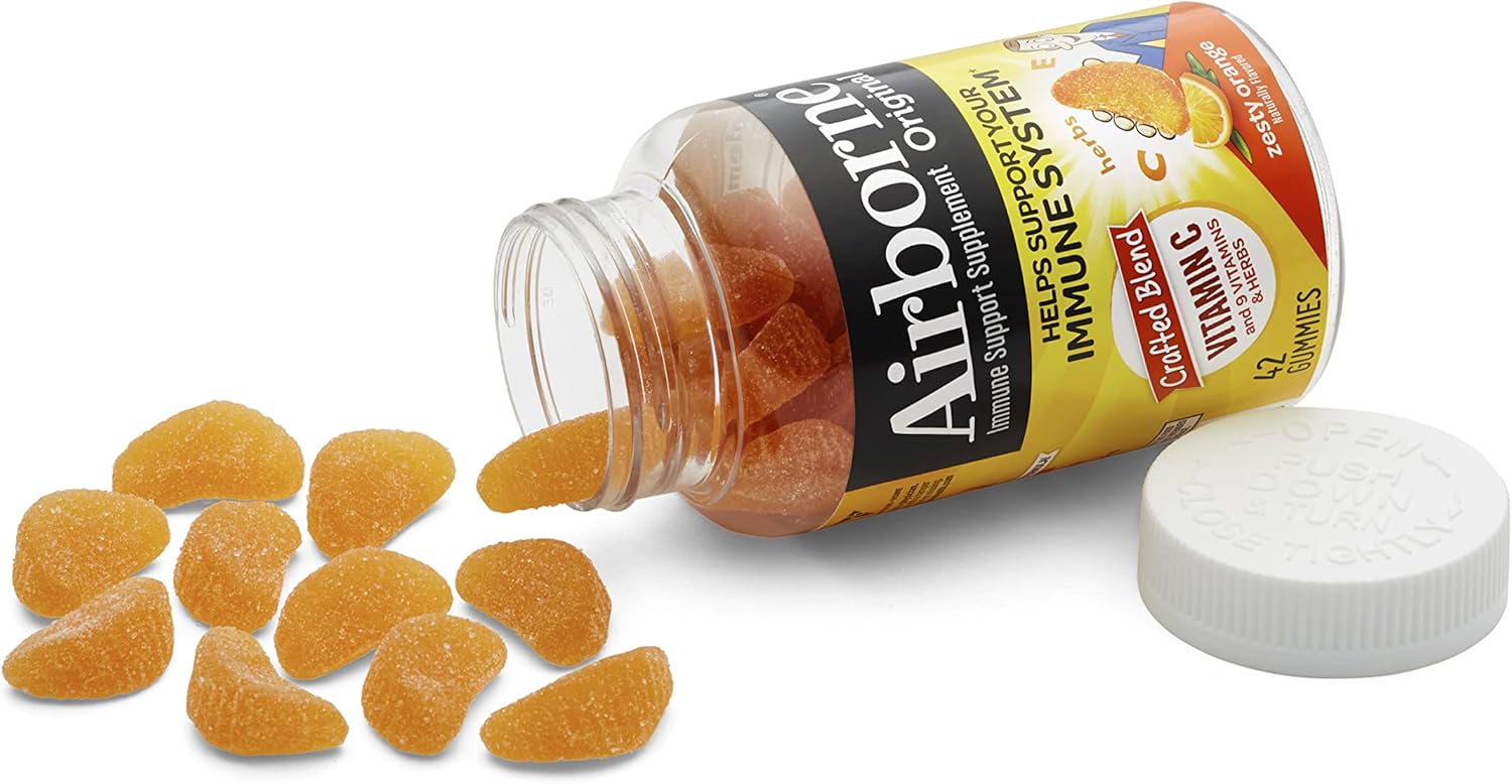 Airborne Vitamin C 750mg (per Serving) Zesty Orange Flavored Gummies (42 Count in a Bottle), Gluten-Free Immune Support Supplement with Vitamins A C E, Selenium, Echinacea, Ginger, Antioxidant Nirvana Guru