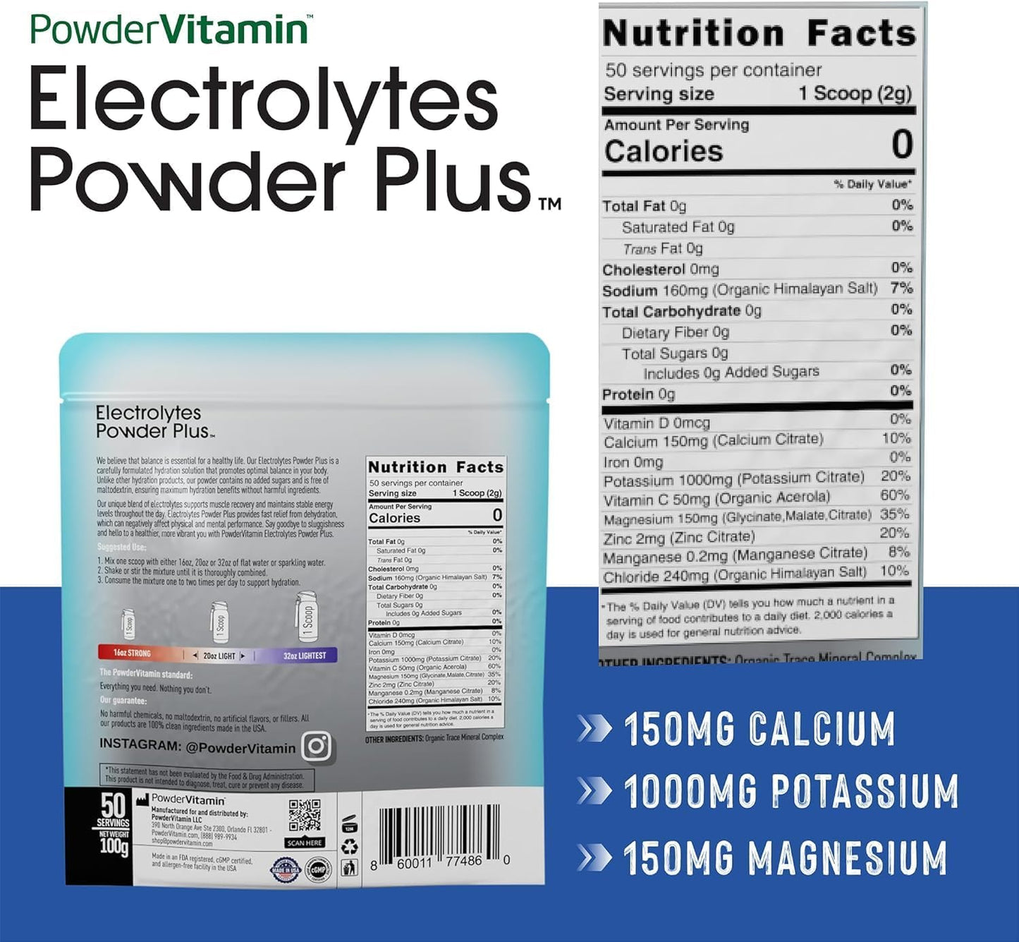 PowerVitamin Lemonade Electrolytes Powder No Sugar for Daily Energy - Keto Electrolytes - Hydration Powder with 1000mg Potassium, 120mg Calcium, Magnesium, Organic Vitamin C, 100 Servings