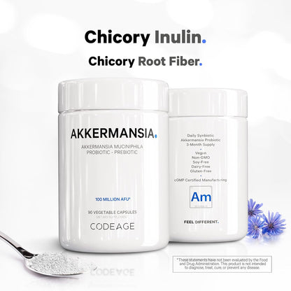 Codeage Akkermansia Muciniphila Probiotic Supplement - 3-Month Supply of Akkermansia & Chicory Inulin - Daily Synbiotic Probiotic Chicory Root - 100 Million AFUs - Gluten-Free - 90 Capsules - Nirvana Guru