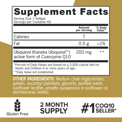 Qunol Ubiquinol CoQ10 200mg Softgels, Powerful Antioxidant for Heart and Vascular Health, Essential for Energy Production, Natural Supplement Active Form of CoQ10, 60ct Softgels Nirvana Guru
