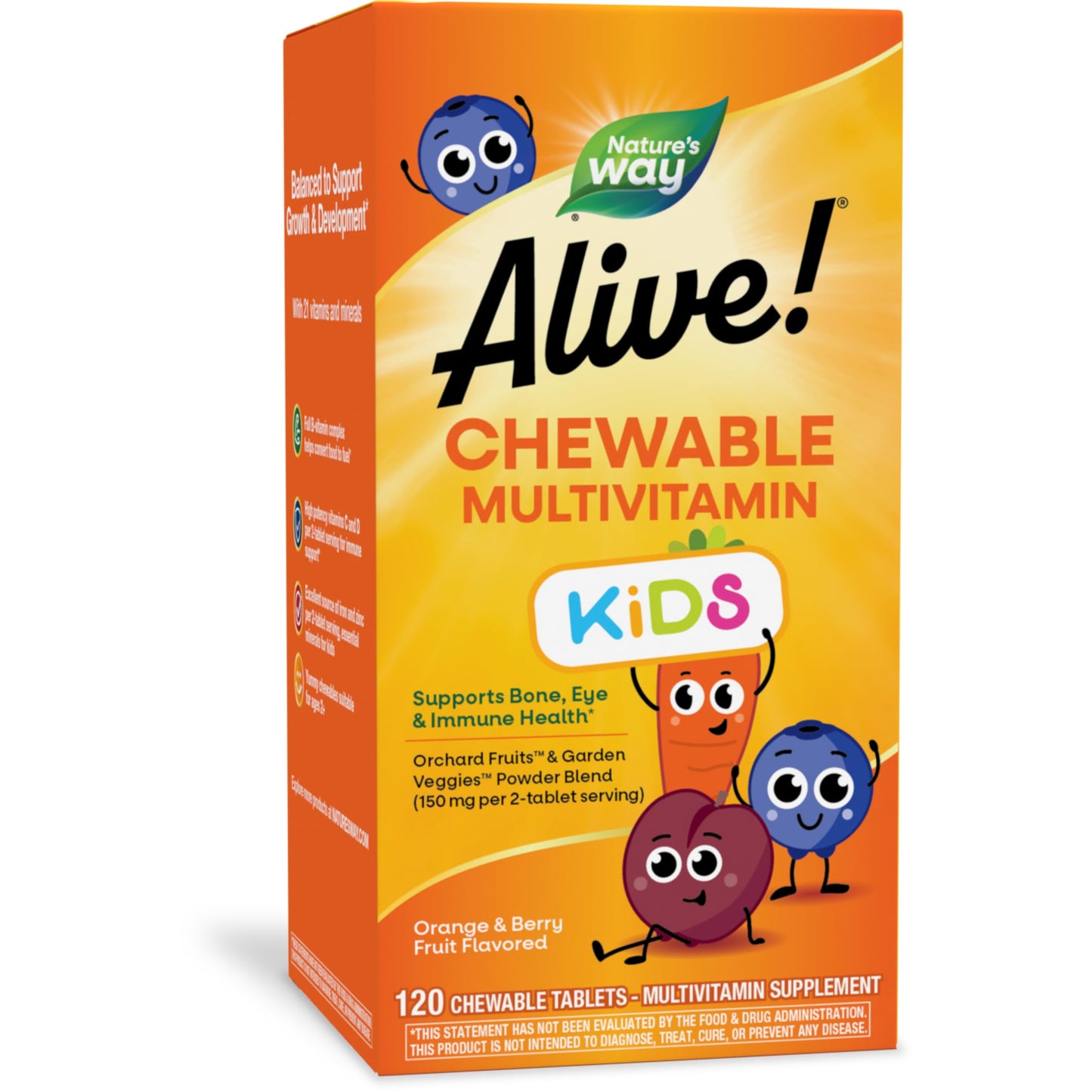 Nature's Way Alive! Children's Daily Chewable Multivitamin, Supports Bone, Eye, and Immune Health*, Orange & Berry Fruit Flavored, Gluten Free, 120 Chewable Tablets (Packaging May Vary) - Nirvana Guru