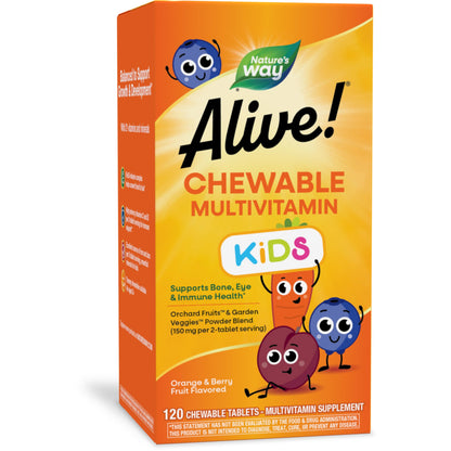 Nature's Way Alive! Children's Daily Chewable Multivitamin, Supports Bone, Eye, and Immune Health*, Orange & Berry Fruit Flavored, Gluten Free, 120 Chewable Tablets (Packaging May Vary) - Nirvana Guru