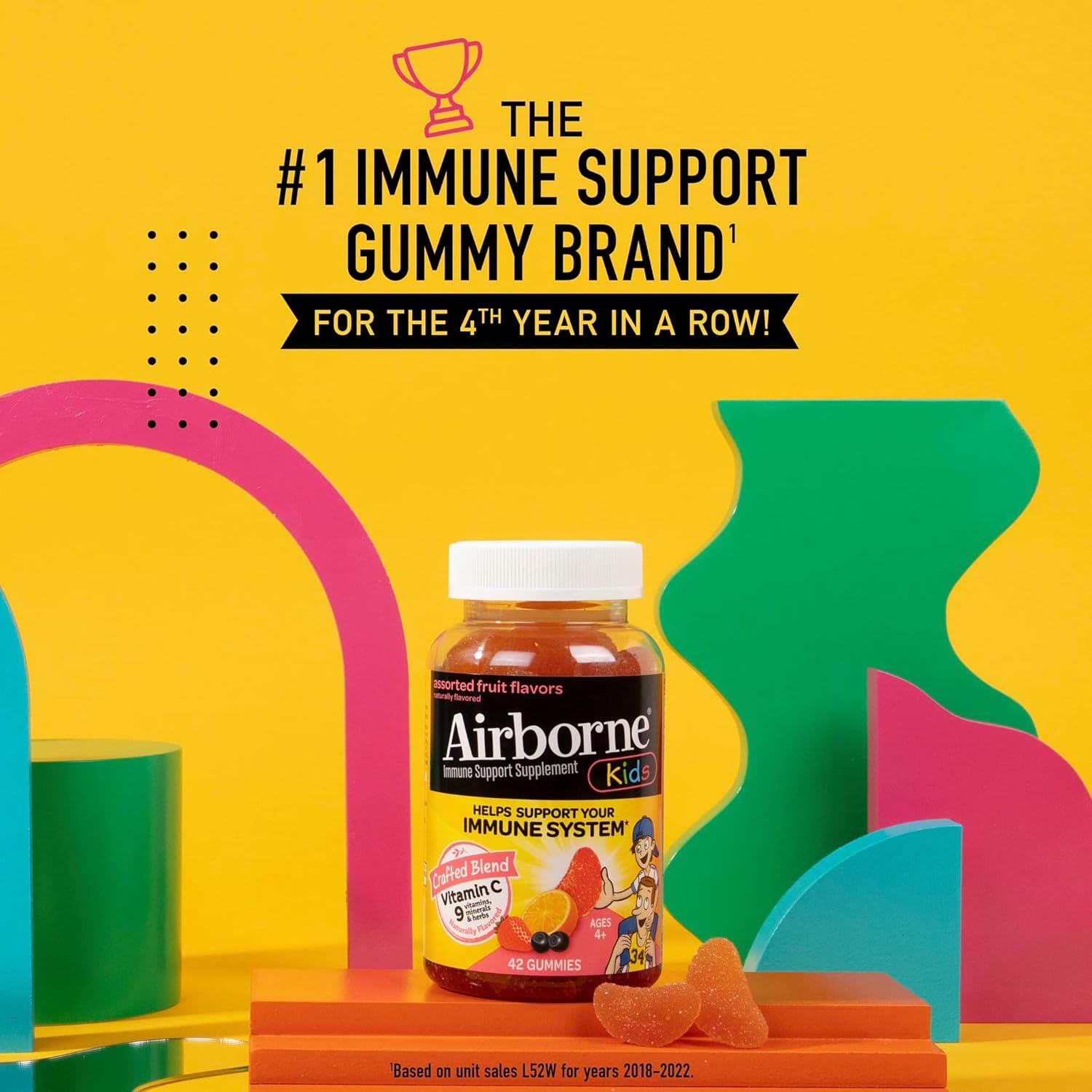 Airborne Vitamin C 500mg (per Serving) Kids Assorted Fruit Flavored Gummies (42 Count in a Bottle), Gluten-Free Immune Support Supplement with Vitamins A C E, Selenium, Echinacea & Ginger Nirvana Guru