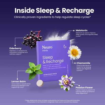 NeuroGum Sleep & Recharge Meltaway Mints | 1mg Melatonin + Chamomile + Elderberry + Lemon Balm + Passion Flower | Natural Sugar Free Rest & Relaxation Supplement (Mixed Berry, 144 Pieces) Nirvana Guru