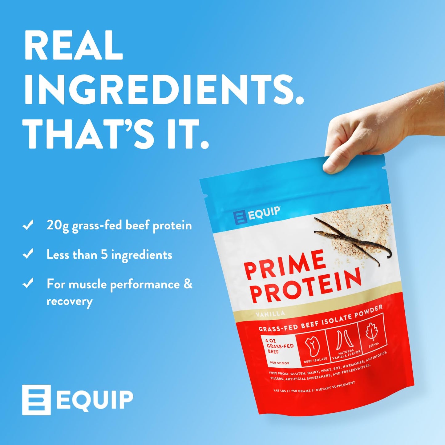 Equip Foods Prime Protein Powder | Clean, Grass Fed Beef Protein Isolate | Carnivore Protein Powder | Paleo, Keto Friendly | Gluten, Dairy Free | Helps Build & Repair Tissue | 30 Servings, Chocolate