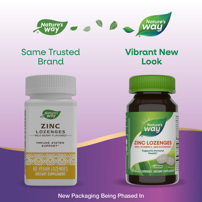 Nature's Way Zinc Lozenges with Vitamin C & Echinacea, Immune Support*, 23 mg of Zinc & 100 mg of Vitamin C per Serving, Wild Berry Flavored, 60 Lozenges (Packaging May Vary) - Nirvana Guru