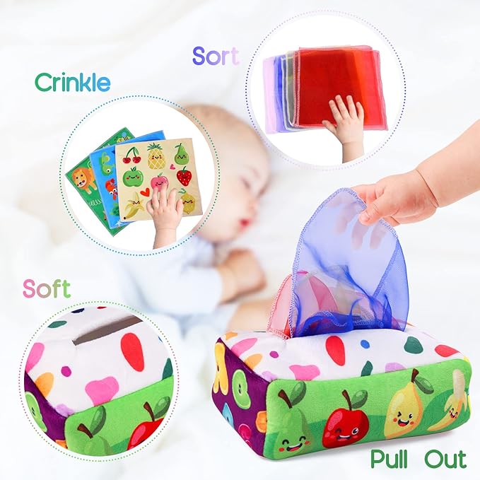 Baby Toys 6 to 12 Months - Tissue Box Toy Montessori for Babies 6-12 Months, Soft Stuffed High Contrast Crinkle Infant Sensory Toys, Boys&Girls Kids Early Learning Gifts nirvanaguru