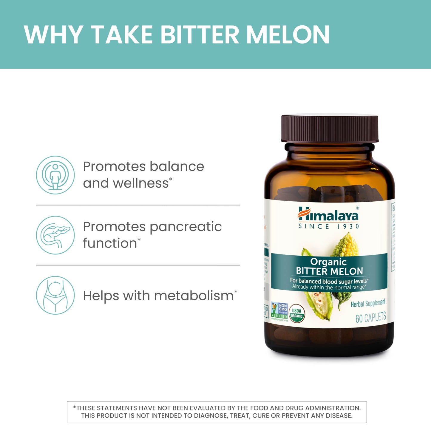 Himalaya Organic Bitter Melon for Glucose Metabolism, 660 mg, 60 Caplets, 1 Month Supply - Nirvana Guru